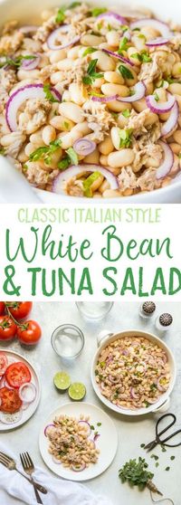 You'll love my Tuna White Bean Salad with Red Wine vinegar dressing, and no mayo! It's packed full of protein and contains, tuna, white beans and fresh parsley. A really healthy, gluten free, low calorie lunch or dinner option, this salad is ready to eat in less than 5 Minutes!