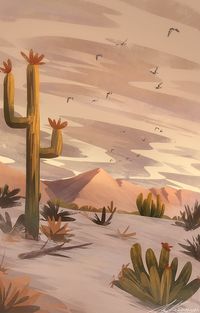 Like: zandraart | Digital painting of desert landscape/environment with cacti, sand dunes, and dust storms.