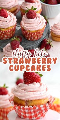 Tender and fluffy, these Keto Strawberry Cupcakes taste absolutely heavenly. They are filled with fresh berries and topped with a creamy sugar free strawberry frosting. Bursting with summer flavor!