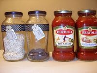 re-purpose jars. spray paint lids for uniformity. Love this Blog.