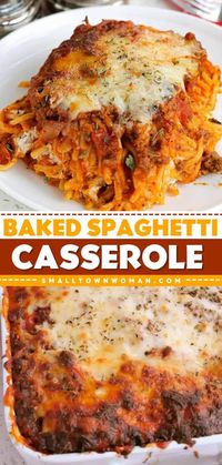 This pasta bake is the perfect comfort food on a plate! Filled with ground beef and sauce plus a cream cheese mixture, this Baked Spaghetti Casserole is hearty and delicious. Save this family dinner recipe and enjoy this casserole idea!