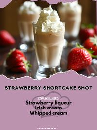 🍓 Indulge in a sweet Strawberry Shortcake Shot! 🍓✨ #StrawberryShortcakeShot #DessertDelight Strawberry Shortcake Shot Ingredients: Strawberry liqueur (1 oz) Irish cream (1/2 oz) Whipped cream (for topping) Instructions: In a shaker, combine strawberry liqueur and Irish cream with ice. Shake well. Strain into a shot glass. Top with whipped cream. Enjoy a dessert in a shot! 🍓✨ #RecipeInspire #SweetShots #Yummy