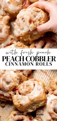 Peach cobbler cinnamon rolls are a Southern twist on traditional cinnamon rolls! These homemade cinnamon rolls are filled with peach jam and topped with a cinnamon crumb. Serve them with a scoop of vanilla ice cream for the ultimate summer dessert!