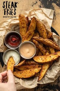 These incredibly crispy, thick cut, oven baked steak fries are seasoned to perfection with steak seasoning for maximum flavor in every bite! Budetbytes.com