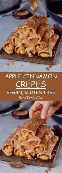 Delicious Apple Cinnamon Crepes which are vegan, gluten-free and easy to make. Perfect fall/winter recipe for the holiday season! Recipe for homemade caramel sauce included! #vegan #glutenfree #apple #crepes #dessert | elavegan.com