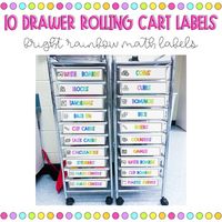 These bright rainbow rolling cart labels will not only help you get organized, it will also brighten up your classroom in a cute + cohesive way! There are 72 pre-made labels to fit on your 10-drawer rolling cart with four versions included (space for knob, no spacing, space for knob with icons, and no spacing with icons). Also included is an editable PowerPoint in case you need to make any additional labels!These labels are for your math cart! Labels include: Base tenBlocksCalculatorsClip boards