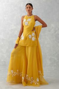 Buy Yellow Organza And Tabby Embroidery Floral Kurta Sharara Set For Women by Devnaagri Online at Aza Fashions.