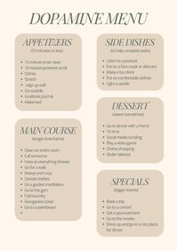 A list of activities, experiences or behaviors that can give a boost of dopamine! A full course meal =  App + Main + Side + (maybe a dessert) + (maybe a special)