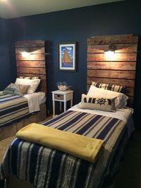 Headboards made from our old dock sections with wired lights. So cute! #reclaimed wood #dock section #nautical #twin beds