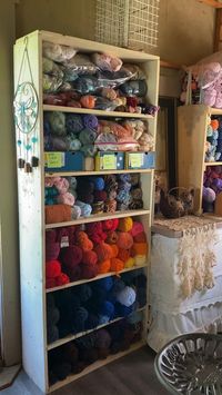 This is one of my shelves in the weaving studio. This is not yarns for weaving though, this is acrylic yarn for crochet or knit. Even the smallest of yarn balls will be used to crochet miniature cloths for my "Earth Children" yarn doll series.

Projects
 • Crochet hats 
 • Crochet bags
 • Crochet tooth Fairy Bag
 • Yarn Dills
 • Loop Flowers
 • Crochet Boho Curtains
 • Crochet booties
 • Crochet blankets
 • Crochet bare foot sandals
 • Use as doll hair
 • Crochet rugs
 • Crochet flowers
 • Crochet baskets
 • Crochet vest
 • 

