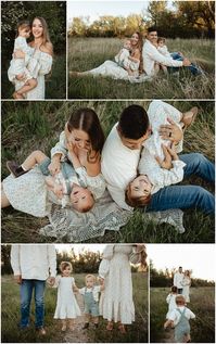 Beautiful family of four in field at golden hour. Family photography session