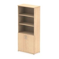 Combination storage unit with low lockable cupboard and open shelf storage to top •25mm thick wood finish •2mm abs protective edges •Steel to steel fixings •18mm side walls •Adjustable shelves •Adjustable levelling feet