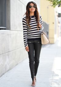 black & white striped shirt and faux leather/pleather leggings