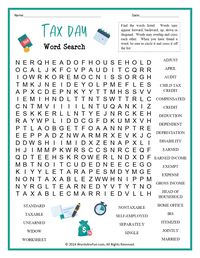 Introduce kids to the world of taxes in a fun and educational way with this tax day word search puzzle! Packed with terms like 'expense,' 'worksheet,' and 'single,' it's a great tool to teach financial literacy from an early age. Turn tax day into an exciting adventure with this engaging and kid-friendly activity!