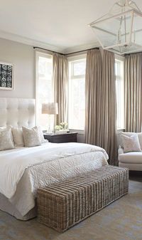 Natural Linen drapes in a serene neutral bedroom. Wayne Windham Architects