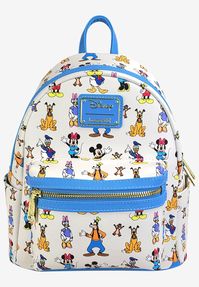 Say hello to your new favorite Loungefly Mini Backpack with Mickey and Friends waving on the front, back and even their footprints on the bottom!FABRIC: Faux LeatherBackpack features an all over print of Disney's famous friend group featuring Mickey, Minnie, Daisy, Donald, Goofy, Pluto, Chip and Dale. Features each character waving from the front, from the back and the bottom features everyone's footprints. Placement of all over print pattern will vary and requests for specific characters cannot