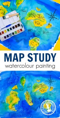 Map Unit Study: When learning about maps with kids, make your own map, using a simple watercolour painting technique! #homeschool #grade1 #kidspainting #artsandcrafts #teaching