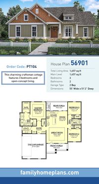 Craftsman House Plan 56901 | Total Living Area: 1,657 SQ FT, 3 bedrooms and 2 bathrooms. This charming craftsman cottage features 3 bedrooms and open-concept living. A large great room with trayed ceiling is open to the well-equipped kitchen which includes a large island and eating bar. The entry area includes several great features such as a computer desk, lockers, and a large walk-in pantry.