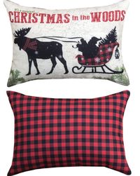 Country Christmas Pillow shows Santa and his sleigh it is reversible with red and black buffalo plaid on the back. Printed Fabric. Made in USA. Spot Clean. 18" x 13" Designed by Robin Davis. Shows fro