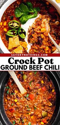 Weeknight Winner! 🌟Simplify dinner with this no-fuss Crockpot Ground Beef Chili. A true comfort classic that's easy to prepare and satisfying for the whole family. Serve with cornbread for the ultimate cozy meal. Your new go-to recipe! 🥘🍞 #SlowCooker #CrockPot #SlowCookerChili