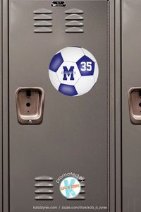 ad: Cool soccer themed locker or car magnet with custom blue & white team colors, upon which you can customize the player's name & jersey number plus varsity letter or monogram #soccer #magnet #lockermagnet #carmagnet #personalized #sports #teamspirit #giftideas #teamgifts #sportsteamgiftsunder10