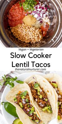 These vegan slow cooker lentil tacos are a super easy dinner! Flavorful, family-friendly, and beloved by all kinds of eaters, this is the perfect healthy dinner recipe to make over and over. #plantbased #Vegan #healthytacos # lentilrecipe #slowcooker #crockpot