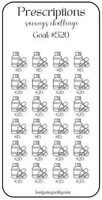 We all know that prescriptions are expensive. I have created this mini challenge to help give a little security in knowing that there is money saved. Save the dollar that is with the icon, cash stuff and color to track your progress. Once you have finished the challenge you will have $520 saved for your prescriptions. Printing Information: *Digital Download  *This is printed on an 8.5 x 11 inch US letter size paper *Once printed, cut and place inside your A6 envelope *Color will vary depending on ink and printer Disclaimer: This is a PDF Digital Download. No physical product will be mailed to you. Digital Download will be available once payment has been confirmed and processing has been completed. This printable is for personal use only, not to be copied or resold. There are no refunds, ca