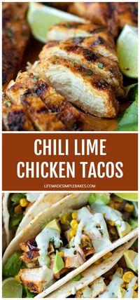 These chili lime chicken tacos are easy and full of flavor! Serve them with roasted corn, onion, black beans and drizzle with some avocado dressing! #chililimechickentacos #chickentacos #chililimetacos #chickentacos