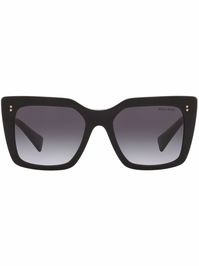 black acetate square frame gradient effect lens decal logo plaque at the arm straight arms curved tips These glasses come with a protective case.