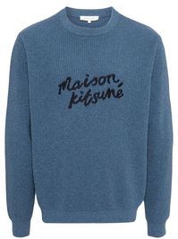 storm blue wool embroidered “Maison Kitsuné Handwriting“ signature at the front crew neck ribbed cuffs and hem long sleeves