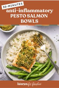 There is so much to love about these pesto salmon bowls! They're a bowl of anti-inflammatory health packed with healthy fats, fiber and all kinds of nutrients. The pesto baked salmon is insanely flavorful and pairs perfect with rice and green beans. And it's ready in 30 minutes!