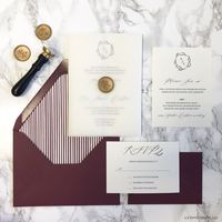 Unique Vellum Wedding invitation with Wax seal. 130 colors to choose from, but this burgundy is perfect for any season. Paired with the burgundy and white striped envelope liners (optional), it's fun yet still formal enough for any wedding budget. #weddinvitations #burgundy burgundy wedding invite, marsala wedding invitations, monogram invitation, gold wax seal invitation, minimalist wedding invitation.