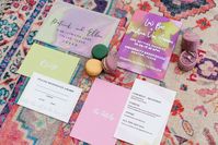 Boho Disco Wedding Inspiration featuring a Bold, Colorful and Modern Acrylic Wedding Invitation Suite. Vellum Envelopes with Modern Calligraphy. Follow the call to the Disco Ball.