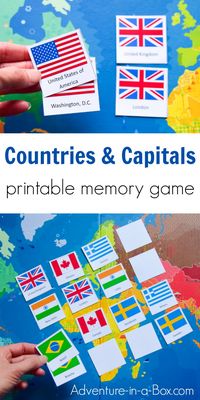 Countries & Capitals is a printable memory matching game designed to help children and adults with learning the countries of the world, their capitals and flags.  #geography #printablegame #teachers #teaching #homeschool