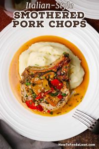 Italian-Style Smothered Pork Chops are brined for 2 days for incredible flavor and then seared and topped with a luscious buttery cherry pepper sauce. Heavenly! Get the complete recipe with ALL-NEW VIDEO on the blog!