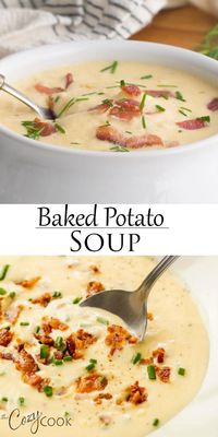 This Baked Potato Soup recipe is SO easy to make and is the ultimate comfort food! It's loaded with crispy bacon and chives, cheddar cheese, sour cream, and creamy potatoes. It's the perfect soup recipe for Fall and Winter! #souprecipes #potatorecipes #fallrecipes #budgetmealplanning