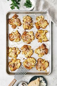 These smashed potatoes are another tasty way to enjoy potatoes as a side dish! They're crispy, soft, and roasted with garlic parmesan goodness.