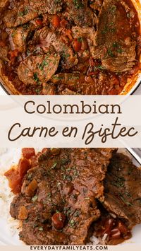 Carne Bistec is a classic Colombian steak dish that is braised with tomatoes and onions, making it a simple and delicious weeknight dinner recipe.