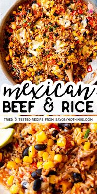 Ever ask yourself what to make with ground beef and rice? This Mexican Beef and Rice Skillet is your answer: An easy weeknight dinner, all cooked in one pot! Less dishes to wash is always a win