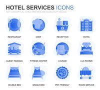 Modern Set Hotel Service Gradient Flat Icons for Website and Mobile Apps. Contains such Icons as Restaurant. Vector design.