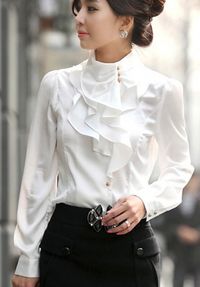 Feminine Victorian Inspired Ivory Ruffles Long Sleeve Blouse