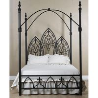 Indulge in the exquisite craftsmanship of our Corsican Gothic Canopy Bed, featuring elegant metalwork and ornate cast finials that will elevate any bedroom to a new level of sophistication. Finish - Matte Black Beds frames consist of 2 side rails, 3 slats and 1 center support Queen 92" Finial Height 86" Center Canopy Height 72" Center Headboard Height 20" Footboard Height Shown at standard 9" Rail Height Shown in finish #104 Black Matte King 96” Finial height 86” Center Canopy height 72” Center