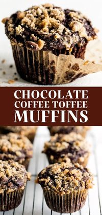 Chocolate Coffee Toffee Crunch Muffins feature a moist mocha muffin base that's studded with chocolate chips and topped with a crunchy toffee streusel for the best combination of flavor and texture! Easy homemade recipe. #chocolatemuffin #coffeemuffin #muffinrecipe