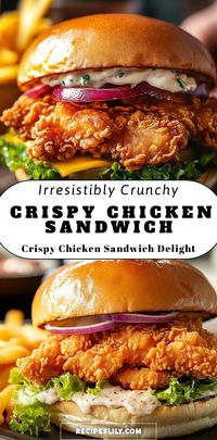 Indulge in the ultimate crispy chicken sandwich! Juicy, flavorful chicken with a golden, crunchy coating, nestled in a soft, toasted bun. Perfectly balanced with fresh lettuce, tangy pickles, and a zesty sauce. Your taste buds are in for a treat!