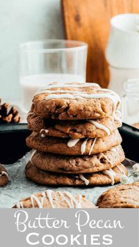 Soft and chewy, these Butter Pecan Cookies are infused with a hint of ginger and the crunch of toasted pecans in every bite. Add a drizzle of white chocolate for an extra decadent treat. #butterpecancookies #christmascookies #holidaycookies #reneenicoleskitchen