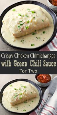 These baked homemade Crispy Chicken Chimichangas and Green Chile Sauce are out of this world! The chicken filling is cooked and seasoned to perfection, then stuffed inside tortilla shells, and oven baked until crispy. They are then topped with a cheesy, sour cream and green chile sauce. This small batch recipe serves 2 and makes a great romantic lunch, dinner, or date night meal.