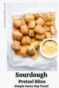 Chewy, and salty, these Sourdough Pretzel Bites are perfect game day treat! These homemade sourdough pretzel bites have no yeast, so it's a great way to use up some of your sourdough starter!