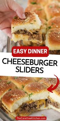 These Hawaiian Roll Cheeseburger Sliders are juicy, flavorful, and quick to throw together. Serve with all of your favorite cheeseburger toppings as an easy weeknight dinner, game day snack, or party favorite. #thecarefreekitchen #sliders #cheeseburger #burgers #miniburgers #hawaiianrolls #partyfood #30minutemeals #beef