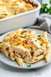 This Chicken Alfredo casserole is comforting, satisfying, and so delicious! And since it's a dump-and-go meal, it's easy to make, too!