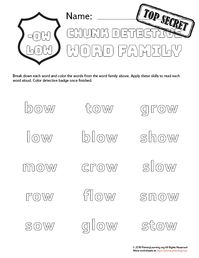 This worksheet helps young students read words by using chunks. Students break down OW family words. #worksheets #kindergarten #wordfamilies #primarylearning https://primarylearning.org/worksheet/ow-family-words/?utm_source=pinterest&utm_medium=social&utm_campaign=fundamental_skills&utm_term=word_families&utm_content=chunk_detective